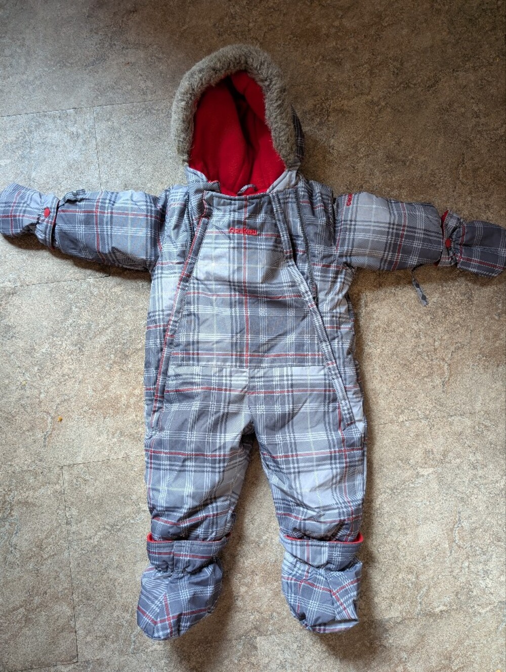 Oshkosh 6/9 Months Gray Plaid Infant Snowsuit with Red Lining